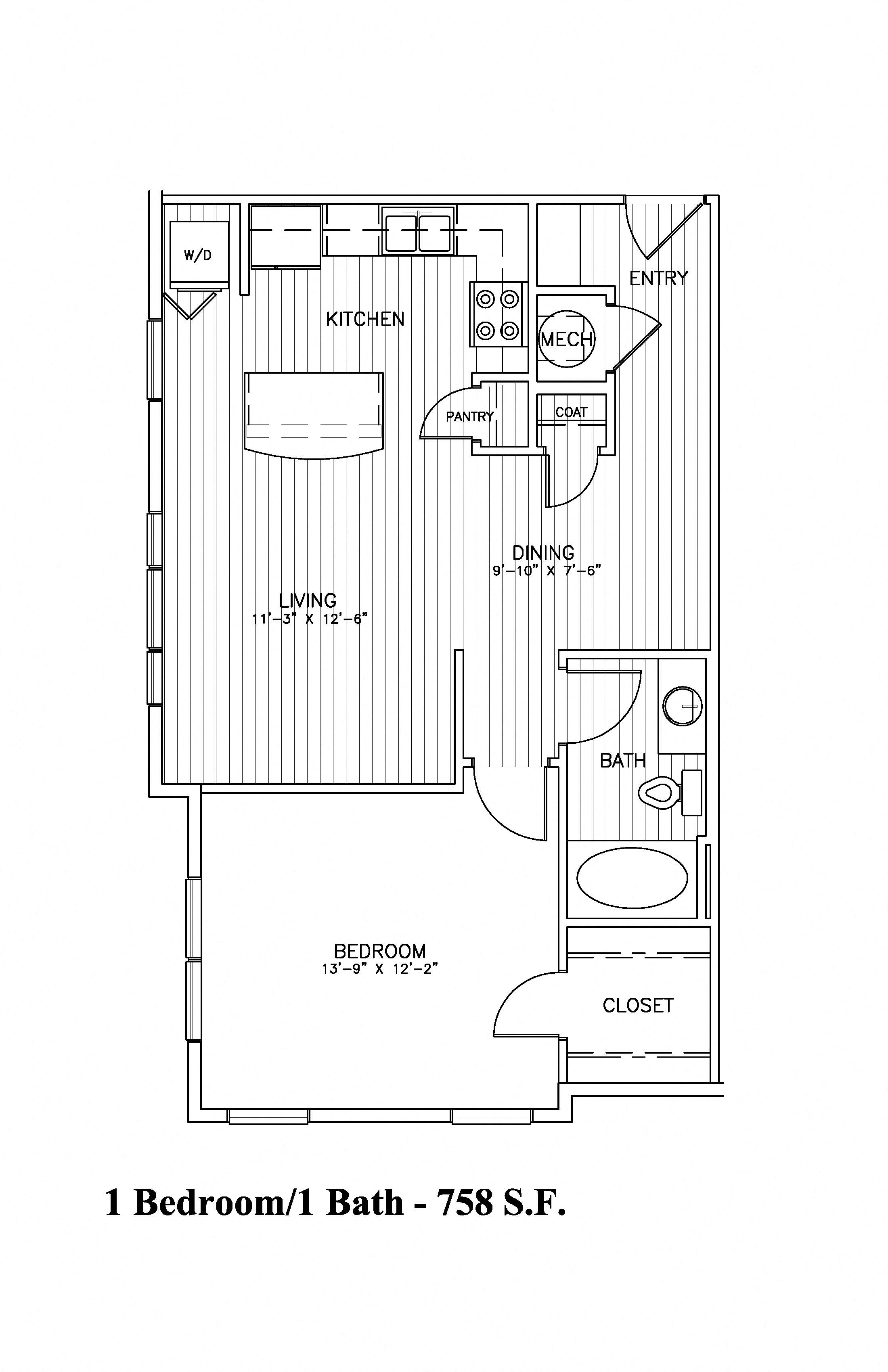 Floor plan for 1 bed, 1 bath, 758 sqft